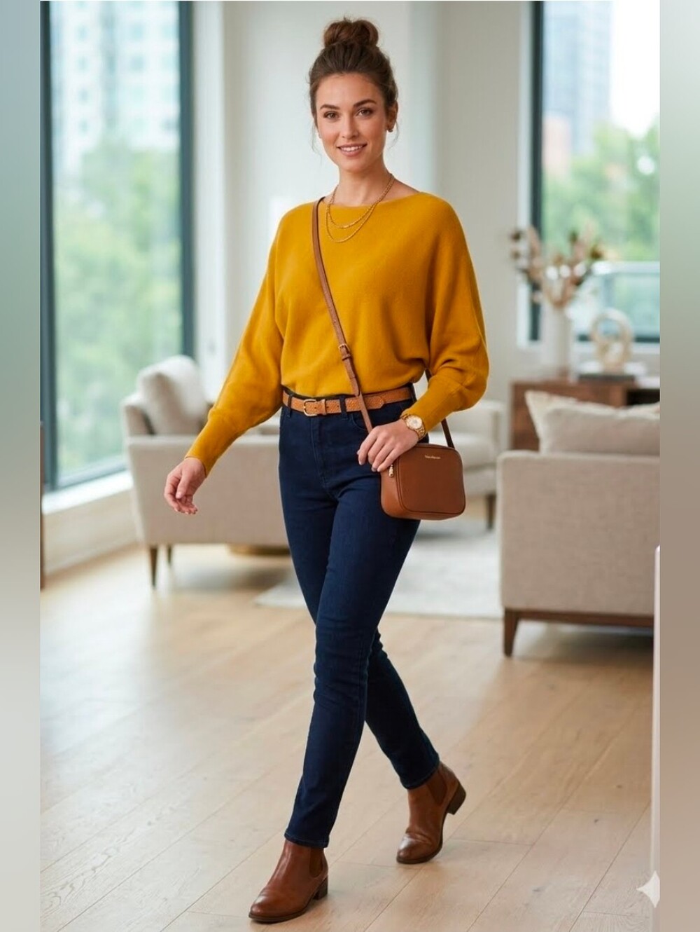 Vida Milano Batwing Dolman Sleeve Sweater Mustard Yellow Boatneck Knit, Med
